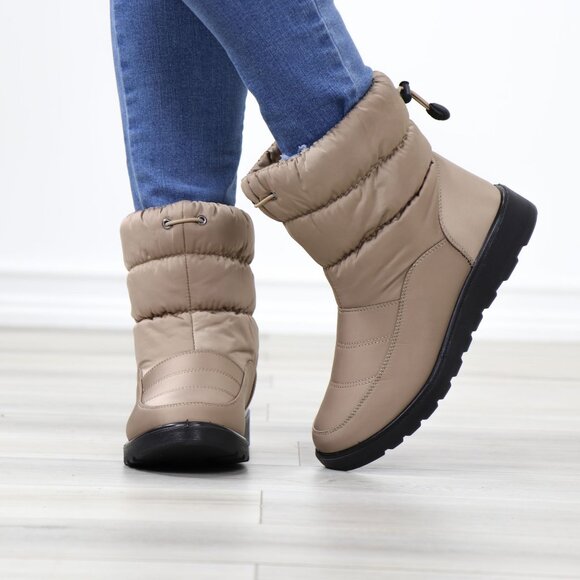 Taupe Rain Ankle Boots Weather Resistant Warm Synthetic Fluff Inside - Picture 10 of 13